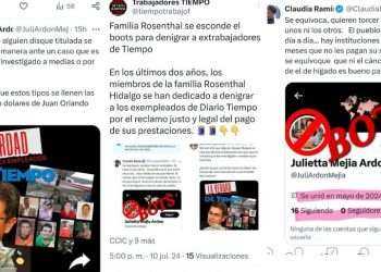 Este día, los exempleados de Diario TIEMPO, hicieron un público un comunicado donde revelaron que en los últimos dos años, supuestamente los miembros de la familia Rosenthal Hidalgo se han dedicado a denigrar a los exempleados de Diario Tiempo por el reclamo justo y legal del pago de sus prestaciones.