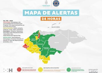 Tegucigalpa-. La Secretaría de Gestión de Riesgos y Contingencias Nacionales (Copeco), informó este miércoles alerta roja para el departamento de Ocotepeque y los municipios del departamento de Yoro ubicados en las orillas del río Ulúa, debido a las lluvias y daños ocasionados por la ruptura de bordos en la zona.